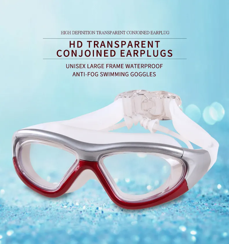 Venda quente HD Transparente One-piece Tampões Óculos de Natação Unisex Grande Quadro Anti nevoeiro Anti ultravioleta Óculos de Natação