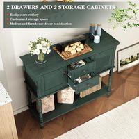 Console en bois vert non éclairée avec 2 tiroirs et armoires à portes ouvertes pour le mobilier de maison, idéale pour le salon, le hall d'entrée et le couloir