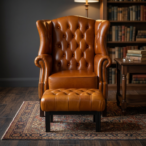Ensemble canapé Chesterfield avec fauteuil à oreilles et ottoman BAS ASCOT - Mobilier de salon de luxe moderne et classique en cuir, fabriqué en Malaisie - Product Image 3