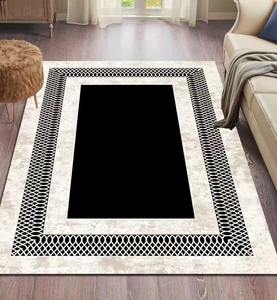 Tapis de salon noir avec bord <strong>blanc</strong>, doux et confortable pour le salon, chambre a coucher - Product Image 1