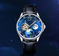 Montre mécanique pour homme, étanche 3 ATM, affichage soleil/lune, 40 mm, bracelet en cuir, alliage, verre minéral, montre-bracelet de luxe élégante