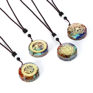 Amazon selling healing stone pedant colorful gravel pendant necklaces in natural crystal resin 7 chakra stones pendant
