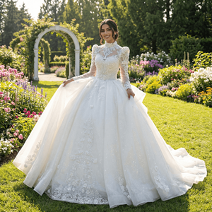 Robe de mariée de luxe Xs239 Jancember à manches longues, dos nu avec lacets, broderie de perles et cristaux, personnalisable - Product Image 1
