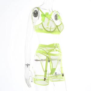 Soutien-gorge à armatures sexy vert néon YB avec nœud papillon, string, jarretelles, lingerie transparente en maille, vêtements de nuit pour femmes, vente en gros - Product Image 5