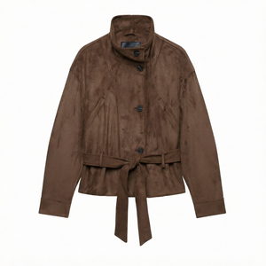 Women's <b>Suede</b> Jacket <b>Belted</b> Short Coat Brown Autumn Winter Fashion Outerwear - Product Image 1