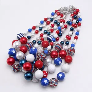 4th of July Chunky Bubblegum Necklace Red White Blue Set-American Flag Chunky Necklace for Kid