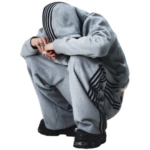 Ensemble deux pièces en <span class=keywords><strong>molleton</strong></span> épais de haute qualité, personnalisé avec rayures, sweat à capuche zippé oversize et pantalon de survêtement ample à jambes larges, style streetwear pour homme - Product Image 1