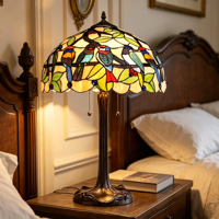 Lampe de table moderne vintage en vitrail avec oiseaux, mosaïque de luxe, oiseau sur branche, lampe de bureau LED, bronze antique pour chambre à coucher, chevet