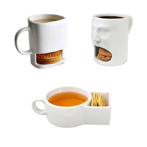 Z455 Porcelainous Milk Face Cup Tea Mugs with Biscuit Pocket White Cookies Cup Holder Cookies White Ceramic Coffee Mug