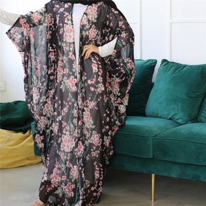 Summer Popular Floral Print Abaya Breathable Lightweight Chiffon Women Modest Classic Black <b>Cardigan</b> 1610# - Product Image 5