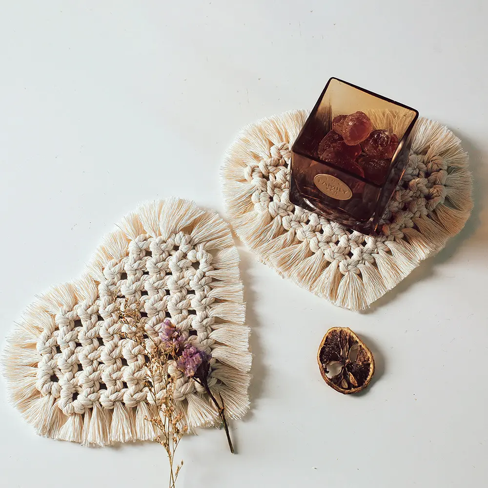 Handmade cotton rope heart shape Macrame cup mat