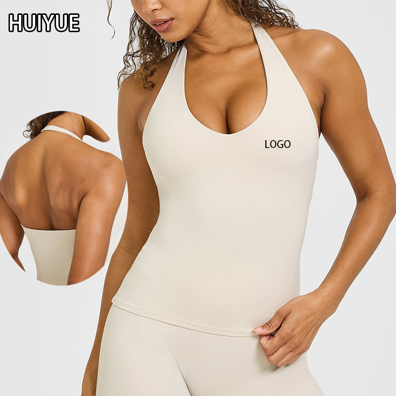 Women's Deep V Neck Breathable Four-Way Stretch Sleeveless Workout Tops Backless Gym Sports Vest Halter Neck Yoga Tank Top