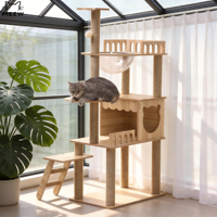 Arbre à chat et chien de luxe en bois, lin et velours, hauteur réglable, écologique, durable, design moderne, multi-plateformes, avec condo fermé en carton
