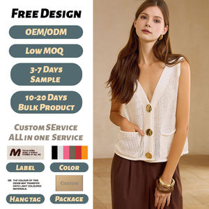 <span class=keywords><strong>Chaleco</strong></span> de punto <span class=keywords><strong>calado</strong></span> con cuello en V para <span class=keywords><strong>mujer</strong></span>, top corto sin mangas con botones metálicos y detalles de bolsillos para primavera-verano - Product Image 1