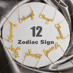 18K Gold Horoscope Pendant Necklace для Women, Non-Tarnish, Stainless Steel Disc, Zodiac Sign, zircon Charm, Fashion Jewelry