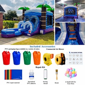 Structure gonflable aquatique combinée Palmier Tropical et Vague Océanique avec toboggan double incurvé et piscine à jets d'eau - Product Image 2
