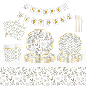 ชุดตกแต่งธีมงานวันเกิด DAMAI ขายส่งจำนวนมาก ชุดจานกระดาษลายใบไม้สีเขียวอ่อนทันสมัย ผ้าปูโต๊ะ ชุดภาชนะใช้แล้วทิ้งสำหรับงานปาร์ตี้ - Product Image 1