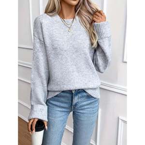 Suéter de Punto para Mujer, Color Gris Claro, Cuello Redondo, Hombros Caídos, Estilo Relajado, para Invierno - Product Image 3