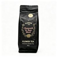 Sachet d'emballage souple en CPP noir mat, imprimé sur mesure, à huit soudures latérales, étanche, refermable, pour 50g de tisane de camomille et de rose