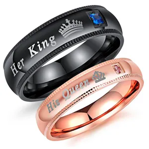 Nuevas llegadas de la tienda en línea de acero inoxidable su rey su Reina par de anillo de boda