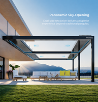 Pergola bioclimatique motorisée de luxe en aluminium 150 °   Volets réglables coupe-vent résistants aux UV avec LED pour terrasse extérieure