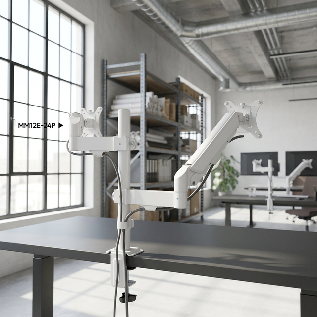 Dual Monitor Mount Alloy Steel Gas Spring Desk Arm Vertical Pole Height Adjustable 10kg Load Capacity 45 Tilt White Color