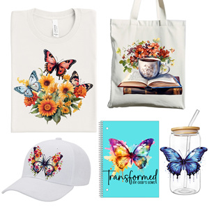 Transferts thermiques : Meilleurs motifs floraux, Halloween, Noël, autocollants UV prêts à poser pour T-shirts - Product Image 1