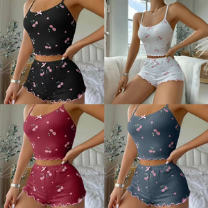 <span class=keywords><strong>Pigiama</strong></span> <span class=keywords><strong>Estivo</strong></span> da <span class=keywords><strong>Donna</strong></span> <span class=keywords><strong>Taglie</strong></span> <span class=keywords><strong>Forti</strong></span> con Stampa Ciliegie e Fiocco, Personalizzabile con Logo, Pantaloncini Casual con Elastico in Vita, Vendita Calda - Product Image 5