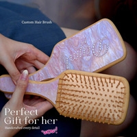 Brosse à cheveux démêlante personnalisée en bambou naturel avec picots en strass et poils de sanglier, pour massage du cuir chevelu, cadeau pour femmes et filles