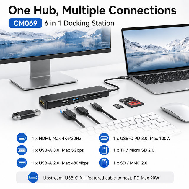 6 in 1 USB C Hub Docking Station CM069 with 4K HDMI 100W PD USB 3.0 Type C Multiport Adapter for MacBook Laptop PC