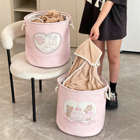 Panier à linge pliable rond avec poignées, imprimé lapin et ours de dessin animé rose mignon, pour jouets d'enfants et vêtements sales