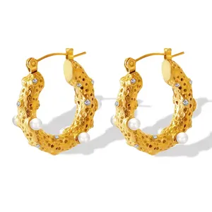 Chunky U Shape Pearl Zircon Hoop Earrings 18k Gold Plated Stainless Steel Huggie Hoop Minimalist Earrings Women Tarnish Free