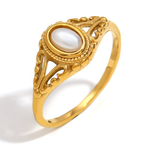 2026 Vintage Hollow Carved Oval Natural Pearl Inlaid Stainless Steel 18K Gold Plated <b>Retro</b> Women Statement Stackable Finger Ring - Product Image 1