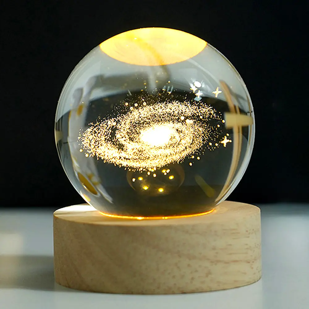 Customized 6CM Glass Solar System Planet Sphere 3D Galaxy Crystal Ball Night Light with Wooden Illuminated Base