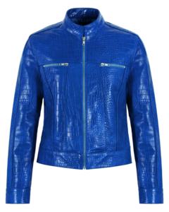 Veste pour femme en cuir véritable imprimé croco bleu, coupe tendance, fermetures YKK, marque privée, OEM/ODM, vente en gros de luxe - Product Image 1