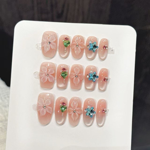Nouveau produit lancé, Ongles à presser artisanaux faits main, style français, motif pois frais d'été et nœud bleu <span class=keywords><strong>myrtille</strong></span>, pur artisanat - Product Image 6