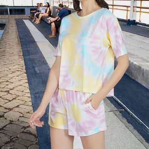 Ensemble short 2 pièces tie-dye pour femme en coton, coupe ample, décontracté, été, col rond, manches courtes avec poche, respirant, tricoté, pour usage quotidien - Product Image 2