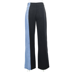 Nouveauté Jeans en denim ample à jambes larges à deux tons bleu et noir à <span class=keywords><strong>taille</strong></span> <span class=keywords><strong>haute</strong></span> 100% coton non extensible pour femmes - Product Image 6