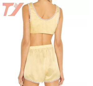 ชุดนอนกางเกงขาสั้นสำหรับ<span class=keywords><strong>ผ</strong></span>ู้หญิงชุดนอนคัสตาร์ดตัดเย็บด้วยผ้าลูกไม้100% ดีไซน์แฟชั่น - Product Image 3