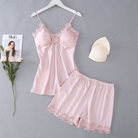 Neu Sexy Damen Satin-Nachtwäsche Spitze Seidendruck Camisole Shorts Dessous Unterwäsche Schlafanzug Damen Pyjamas Heiß