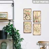 Letrero Metálico Vintage con Flores Silvestres y Mariposas en Acuarela, Arte Floral Retro para Pared del Hogar