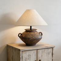 Lampe de bureau en poterie rustique marron tendance 2026 avec abat-jour en lin, style Wabi Sabi, lampe en céramique à double poignée pour hôtel et villa