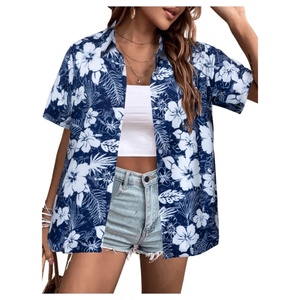 Blusa Retro Vintage de Moda Hawaiana, Tejida, con Estampado Floral Tropical, Cuello en V, Manga Corta, Botones al Frente, para Verano - Product Image 1