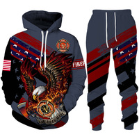 Ensemble de survêtement pour homme avec impression 3D de pompier, drapeau américain et aigle, sweat-shirt à capuche et pantalon de survêtement, ensemble 2 pièces, streetwear, jogging à capuche