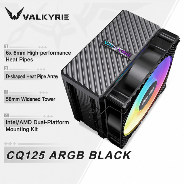 VALKYRIE CQ125 ARGB CPU Air Cooler 6 Heat Pipes 120mm PWM Fan 58mm Widened Tower for Intel LGA1700 1851 AMD AM5 Desktop PC