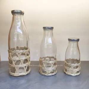 Grass woven High-Quality Milk Bottle with Metal Lid / Empty Milk Glass Bottle