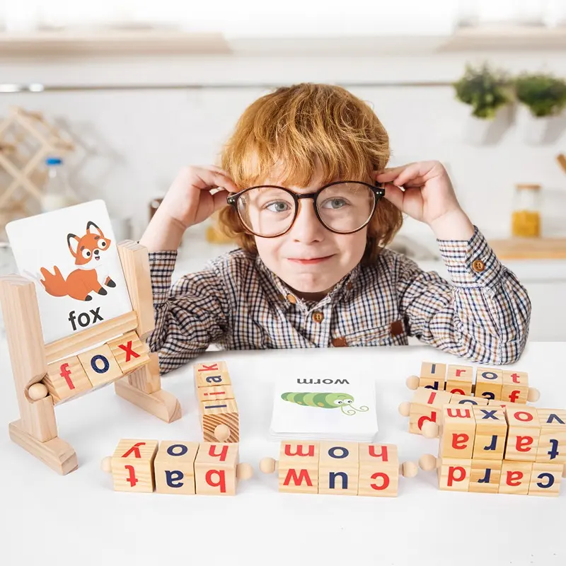 Blocos de leitura do alfabeto montessori, cartas cognitivas de aprendizagem flash/cognitivas, brinquedo rotativo, blocos de madeira