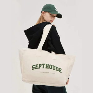 Sac d'épicerie recyclé avec logo imprimé personnalisé Sac fourre-tout en toile lourde réutilisable et personnalisé Sac bateau à large sangle - Product Image 1