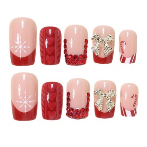 Faux ongles carrés courts à presser pour Noël, motif rouge français, nœud doré, flocon de neige blanc, réutilisables et détachables, pour les fêtes de fin d'année - Product Image 3