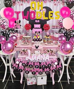 Set Decorazioni per il 2° Compleanno a Tema <span class=keywords><strong>Minnie</strong></span> LIMONE, Palloncini Rosa, Striscione 'Oh Twodles', Decorazione per Torta, Set con Cerchietto - Product Image 4